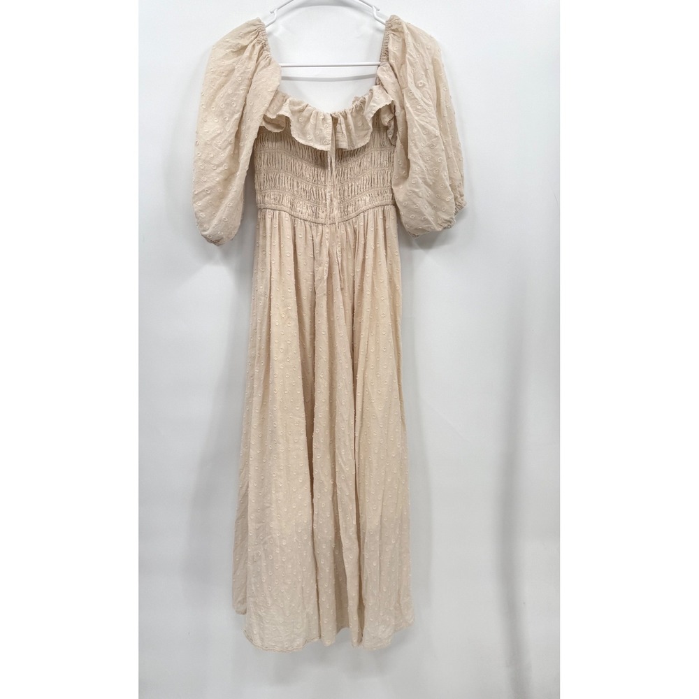 R.Vivimos Medium Swiss Dot Puff Sleeve Smocked Midi Dress Womens Cream Boho